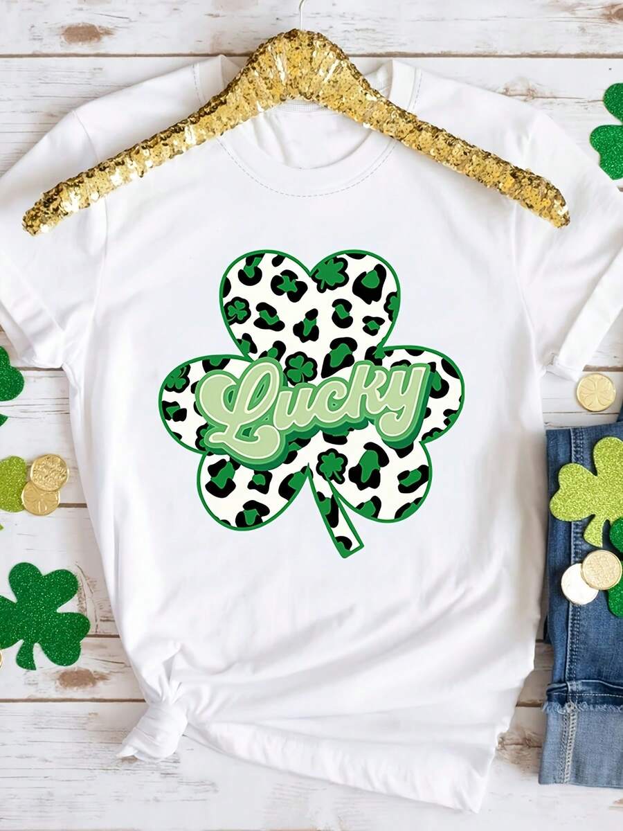 St. Patrick's Day Patri's Day Pattern Short Sleeve Round Neck Casual Women's T-Shirt, Summer Spring, Lightweight And Soft Fabric, Gift, Women's Gift, Birthday Gift, Friend Gift, Sister Gift, Holiday Gift - White - View 1