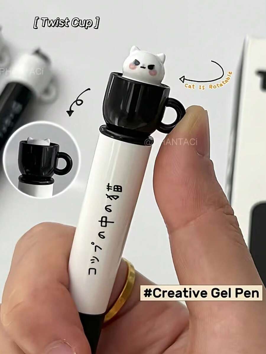 4支/套 猫咪造型中性圆珠笔，创意旋转笔筒，0.5mm，速干黑色墨水，趣味减压旋转笔芯，硅胶笔套，速干，0.5mm黑色圆珠笔，适用于办公、返校、节日礼物