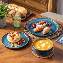 vancasso The 12-Piece Matte Blue, Kiln-Turned Ceramic Tableware Set With Curved Rim Is Suitable For 4 People