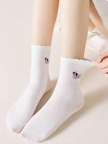 5 Pairs Women's Cute Puppy Patterned Lace Trim Mid-Calf Socks, Versatile & Suitable For Daily Wear - Multicolor - View 6