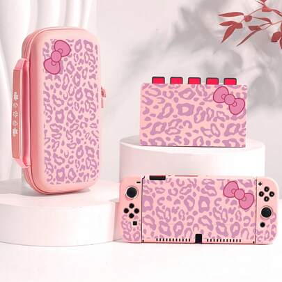 1 chiếc ốp bảo vệ in hình báo đốm tím và nơ, tương thích với Switch 2 (2025), Switch NS/Switch OLED/Lite, phù hợp với phụ kiện máy chơi game Switch 2, bộ gia đình, hộp đựng có khe cắm thẻ, vỏ bảo vệ Switch, màu trắng/hồng, quà tặng lãng mạn cho người chơi Switch.