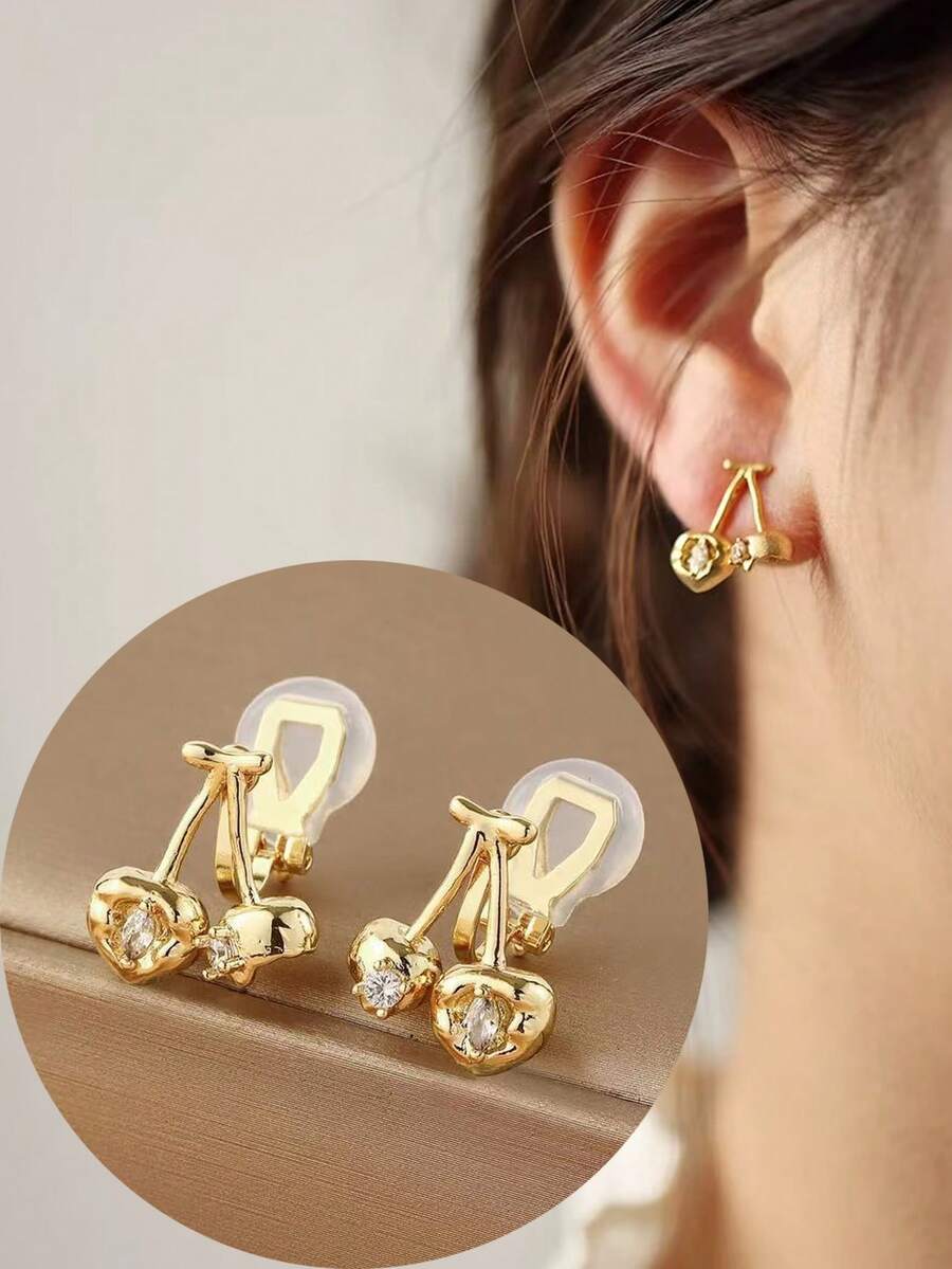 1 Pair Fashion New Cherry Zirconia Copper Clip-On Earrings For Women, Elegant Earrings Suitable For Daily Wear, Gift For Her - Ear Clip - View 1