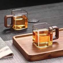 家用方形把手茶杯，高硼硅玻璃材质，胡桃木把手，方形小茶杯，耐热，品茶专用，单层杯 - 無色 - 查看 6
