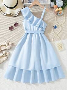 1件女童休闲甜美浅蓝色荷叶边单肩A字连衣裙，腰部系带，配有同色腰带，适合夏季穿着 - 淺藍色 - 查看 2