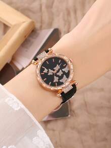 Women's Butterfly & Starry Sky Dial Leather Quartz Watch Set - Black - View 5