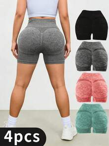 4pcs Women's Solid Color High Waist Slim Fit Casual Sports ShortsWomen Sweat Short, Gym Short, Biker Short - 4 chiếc (nhiều màu khác nhau) - Xem 1