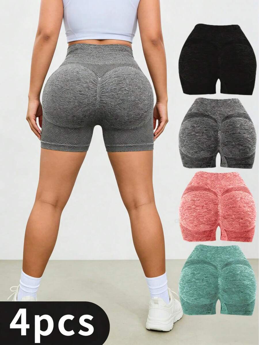 4pcs Women's Solid Color High Waist Slim Fit Casual Sports ShortsWomen Sweat Short, Gym Short, Biker Short - 4 chiếc (nhiều màu khác nhau) - Xem 1