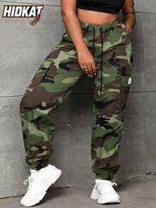 Hidkat Women's Camouflage Cargo Pants | Drawstring Waist Jogger Pants With Side Pockets | Y2K Streetwear Casual Everyday Outdoor Pants - Green - View 3