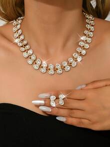 3件套奢华婚礼派对女士礼服水钻装饰珠宝时尚闪亮项链耳环套装，舞会礼服珠宝配饰 - 金色 - 查看 18