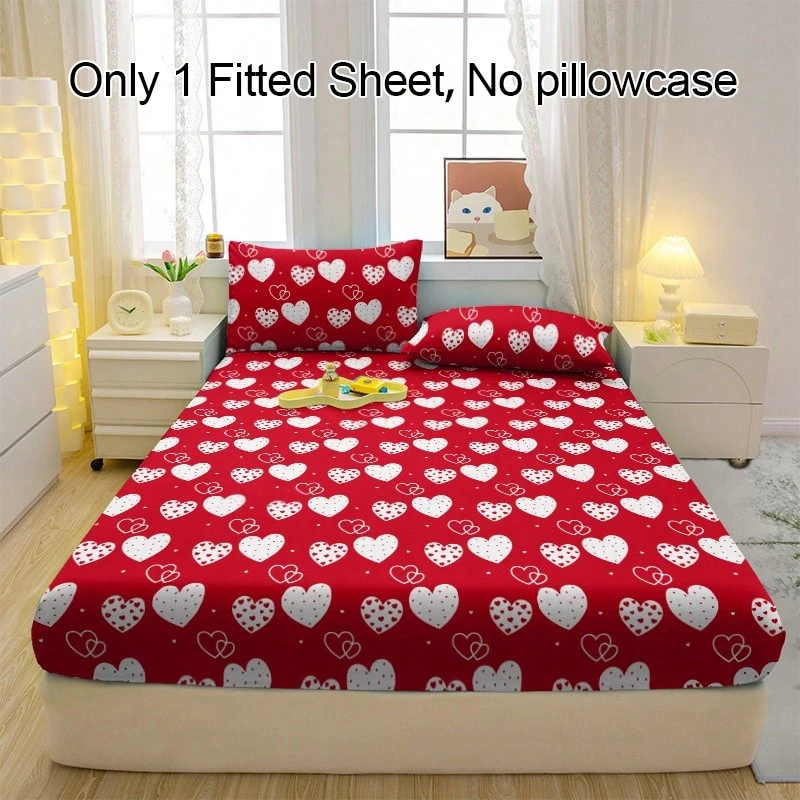 1件红色底白色心形图案透气床笠，柔软舒适的床垫罩，适用于卧室、客房和宿舍，床垫保护套，床上用品套装（不含枕套） - 彩色 - 查看 1
