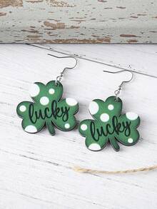 2Pcs St. Patrick's Day Retro Green Shamrock Mini Pendant Earrings, St. Patrick's Day Wooden Double-Sided Earrings Gift For Women Lucky Jewelry - Green - View 4
