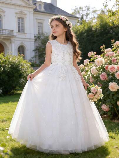 Girls White Lace Princess Dress, Prom Dress, Wedding Party Gown, Beauty Pageant Evening Dress, Graduation Dress, Christmas