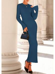 2026 Women's Fall Winter Bell Sleeve Crew Neck Ribbed Knit Bodycon Sweater Maxi Dress - 深藍色 - 查看 3