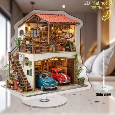 2D平面模型，带旋转底座的迷你车库兼工作室 - 二合一单层建筑，配有360°旋转底座、迷你车库和工作室，以及可开启的门和阳台 - 适用于家居/办公室展示收藏、模型搭建、乔迁/圣诞节/万圣节/复活节礼物 - 室内使用 - 兼容迷你汽车和娃娃屋配件（无需用电） - 亚克力材质，2D平面