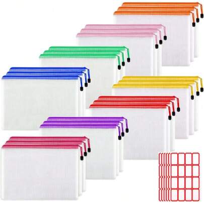 24 Bolsas de Malla con Cierre, Tamaño A4 Multicolor, Bolsas de Malla con Cremallera con Etiqueta Adhesiva, para Escuelas, Oficinas, Juguetes, Puzzles (Color),40812171