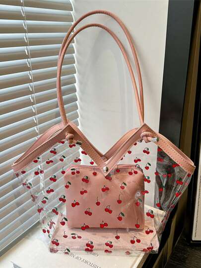 1pc Transparent Cherry Print + Pink Trim Tote Bag, Open Top Design, Sweet Style, Women Summer Outdoor Shopping