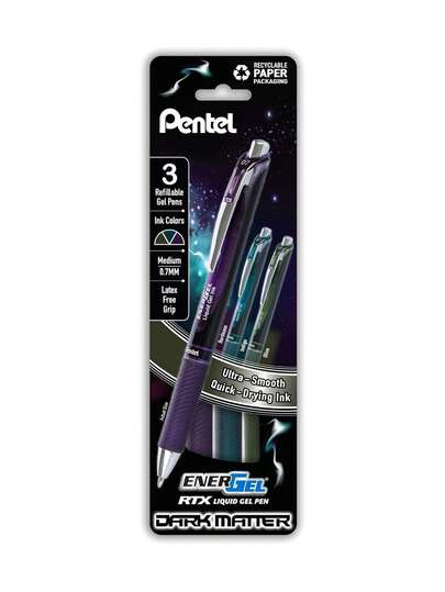 EnerGel RTX Dark Matter - Bolígrafo de gel líquido (0,7 mm), colores surtidos de tinta oscura, paquete de 3 (BL77DMPF3M),40814013