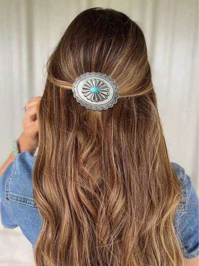 1pc Vintage Metal Western Style Silver-Tone Geometric Turquoise Oval Hair Clip, Hair Accessory Gift For Women, Mother, Wife, Girlfriend On Valentine's Day, Mother's Day