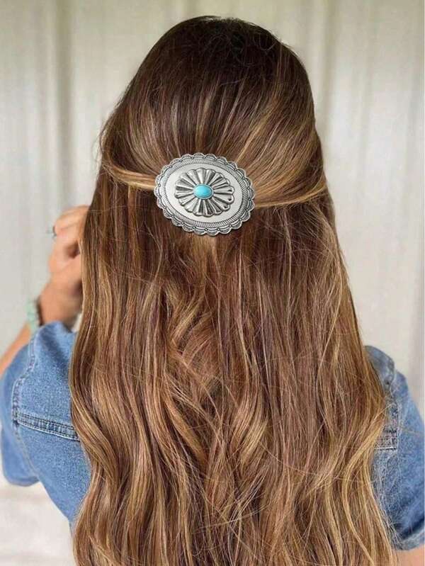 1pc Vintage Metal Western Style Silver-Tone Geometric Turquoise Oval Hair Clip, Hair Accessory Gift For Women, Mother, Wife, Girlfriend On Valentine's Day, Mother's Day