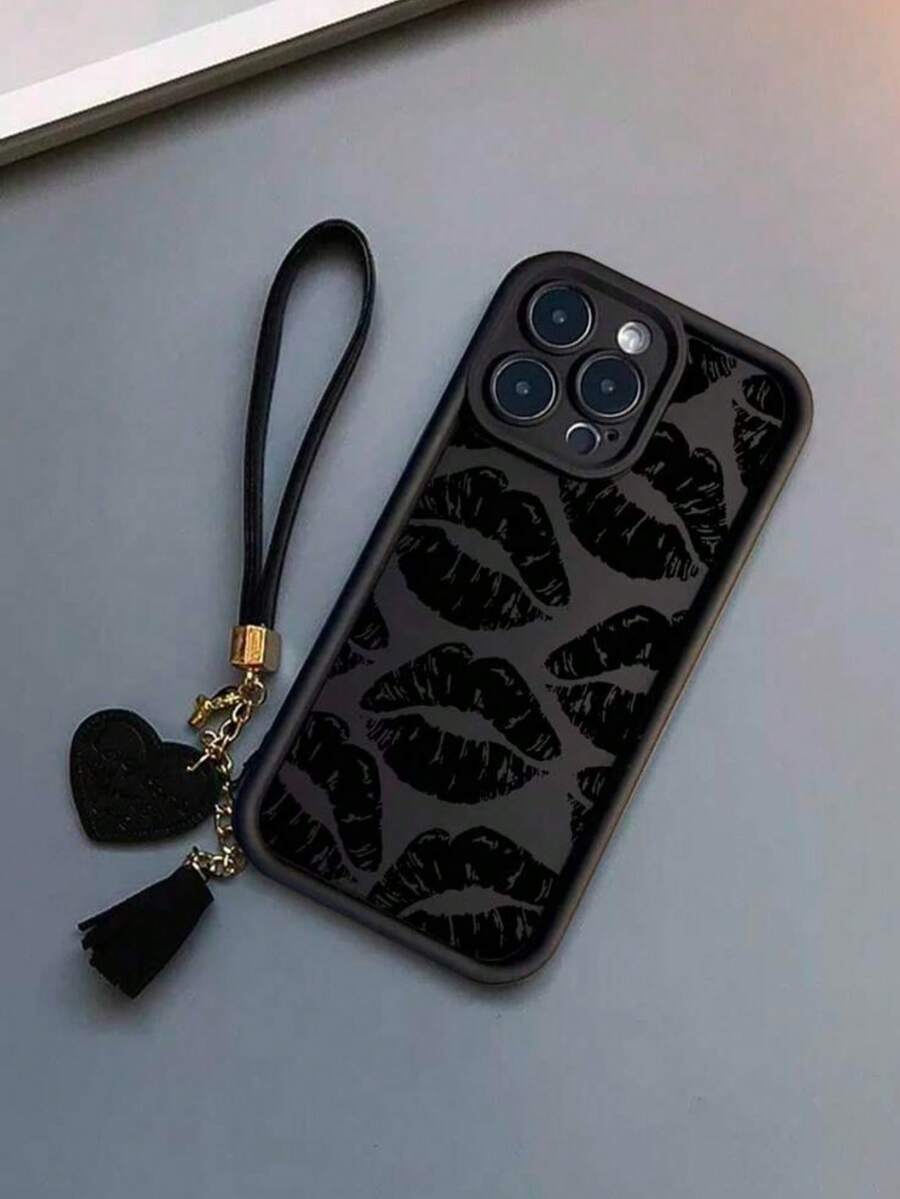 1pc Lip Print Delicate Textured Thick Anti-Drop Painted Phone Case With Detachable Leather Heart Wrist Strap DIY Pendant Charm, Suitable For IPhone XR/11/12/13/14/15 Plus, 16 Pro Max, 17 Air Series - Multicolor - View 1