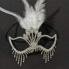 1 pieza Máscara de moda con plumas y rhinestones, 1 pieza Máscara de cantante de etapa de Halloween con flecos de rhinestones, 1 pieza Accesorio de joyería de rendimiento para mujer - Plateado - Ver 2