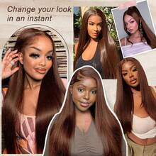 13x4 13x6HD Transparent Lace Front Wig Brazilian Virgin Human Blended Hair Straight 34 Inch - 200% Density Pre-Plucked Glueless Wig With Baby Hair, Natural Black Color, No Glue & Ready To Wear - Brown - View 9