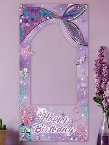 1个生日快乐相框，紫色美人鱼主题生日拍照道具，生日派对拍照区，家居房间墙面装饰，派对用品，派对装饰品，生日礼物，派对小礼品，女士生日装饰，生日背景，生日横幅 - 美人魚 - 查看 9