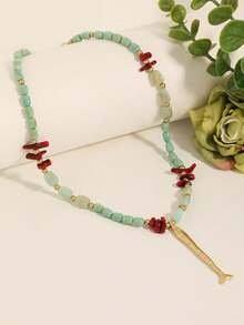 1pc Minimalist Acrylic Beaded Necklace With Metal Fish Pendant, Casual Everyday Wear For Women - Pale Green - View 3