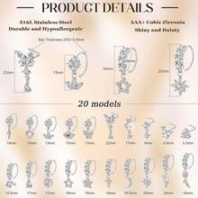 NICEIGHT 20Pcs 20G 316L Stainless Steel Dangle Nose Ring For Women Men L Shaped Dangling Nose Stud Cute Heart Moon Star Nose Hoop Set CZ Flower Leaf Butterfly Dangle Nose Piercing Jewelry - Bạc - Xem 4