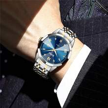 BIDEN 1 chiếc đồng hồ nam cao cấp đính kim cương, dạ quang, lịch, máy quartz, đường kính 42mm, dây đeo màu xanh vàng, thời trang công sở, chống nước. - Màu xanh lam - Xem 2
