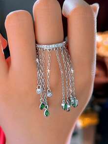 1 chiếc nhẫn nữ thời trang dài có tua rua, mạ bạc, hình lá màu xanh lá cây đính đá Cubic Zirconia, kiểu dáng thả dài, trang sức giả cổ, thích hợp đeo hàng ngày, dự đám cưới, lễ đính hôn, tiệc tùng, dạ hội - Quà tặng cho phái nữ, quý cô, bạn gái, vợ. - màu xanh lá - Xem 3