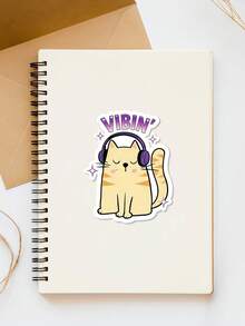 4/1 Piece Interesting Headphone Cat "VIBIN" Sticker - Fashionable And Fun Stickers Suitable For Laptops, Phones, And Water Bottles. The Perfect Gift For Cat Lovers And Music Enthusiasts! - Multicolor - View 3