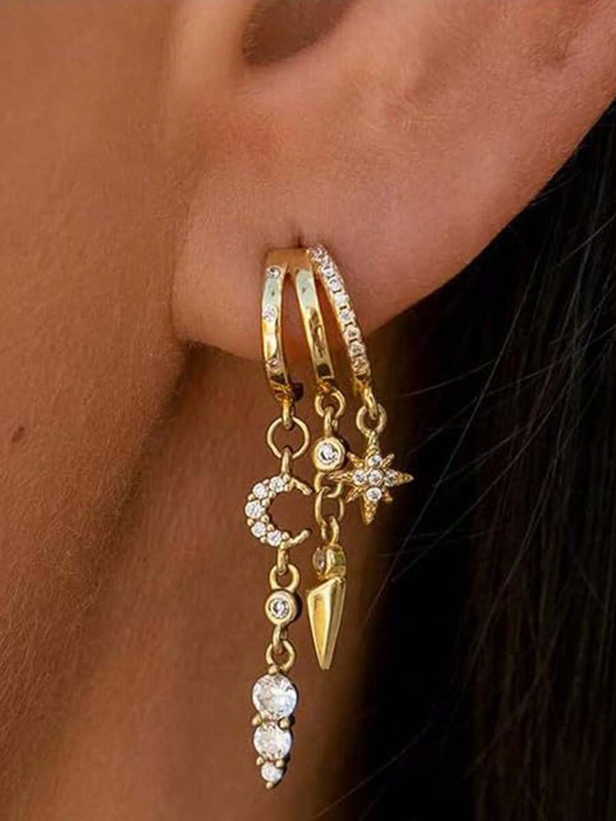 1 Pair Fashionable Luxury Asymmetrical Tassel Cubic Zirconia Brass Gold-Plated Hoop Earrings, Suitable For Parties, Vacations, Gifts, And Daily Wear - Gold - View 1