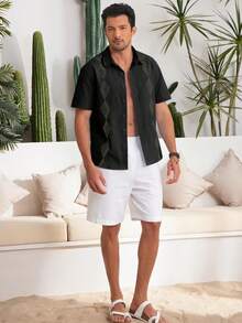 Runcati Men's Cuban Guayabera Shirt Linen Cotton Short Sleeve Mexican Beach Wedding Shirt, Elegant Resort Button Down Top Lightweight Breathable For Summer - 黑色 - 查看 4