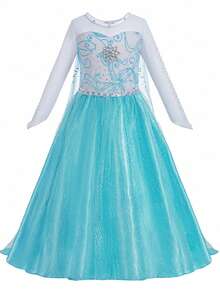 3pcs/Set Girls Blue Princess Dress, Mesh Design Long Sleeve Children Dress, Girls Party Costume, Suitable For Holiday Party, Children Holiday Gift - Blue - View 2