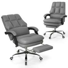 COSTWAY Ergonomic Office Chair, PU Leather Computer Chair With Adjustable Swivel Seat, Reclining Backrest, Linkage Armrests & Retractable Footrest, Executive Task Chair, Grey - Grey - View 2