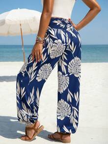 Women's High Waist Wide Leg Paisley Print Casual Pants, Ankle Length Trousers (YY1177) - Navy Blue - View 2