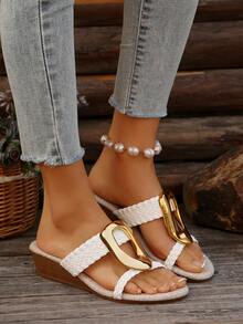 时尚轻便金属扣带凉鞋，新款百搭防滑舒适圆头女士坡跟凉鞋，沙滩度假露趾休闲拖鞋 - 白色 - 查看 7