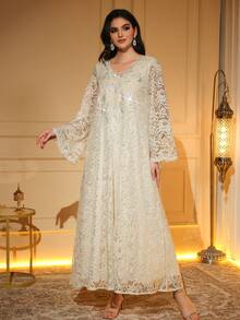 Đầm dài tay màu trắng ngà thanh lịch, cổ chữ V, trang trí bằng ren đính cườm, vải dệt, không co giãn, thích hợp cho mùa xuân. - Màu be - Xem 7