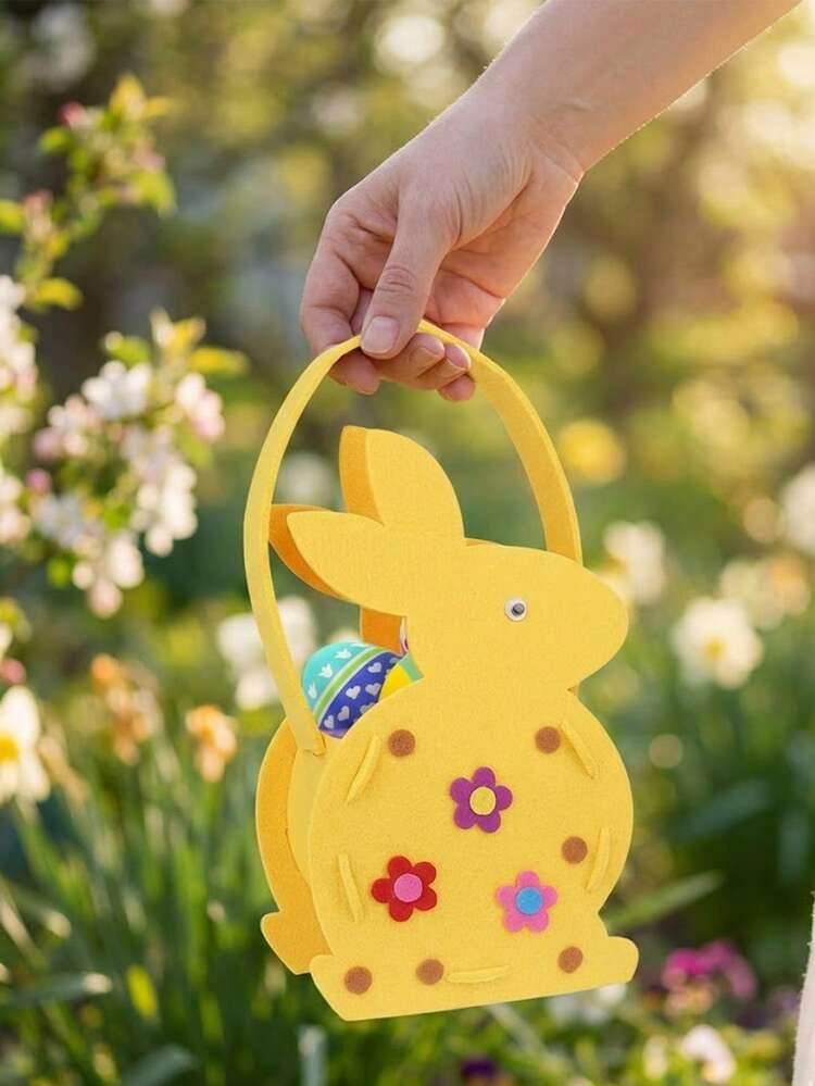 1个可爱卡通兔子毛毡篮，便携式兔子手提袋，适用于复活节彩蛋寻宝、糖果礼品收纳、春节派对装饰和家居摆件 - 彩色 - 查看 5