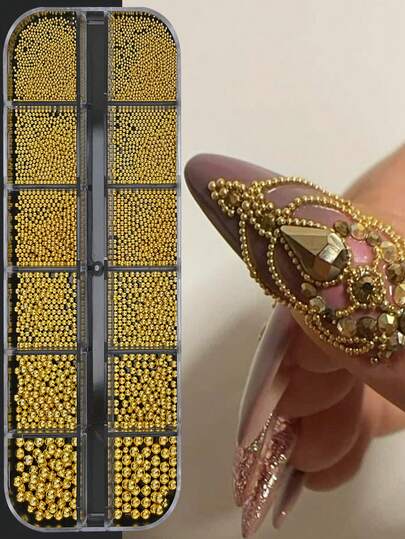 12格金属美甲装饰盒，6种尺寸迷你奢华小美甲珠，金银鱼子酱美甲饰品，女士DIY美甲用品