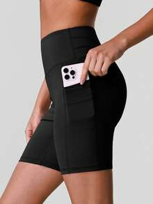 Sodalemon Women's Elastic Waist Yoga Shorts With Side Pockets, Butt Lifting, Solid Color, Suitable For Fitness, Outdoor Casual Sports - Black - View 3