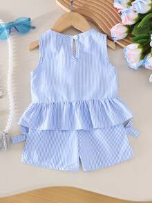 2pcs Baby Girls' Casual Blue Striped Vest + Shorts Set, Summer Beach Holiday - Baby Blue - View 2