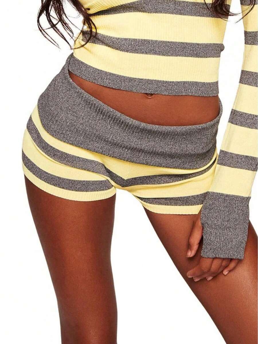 Women Y2k Fold Over Knit Shorts Striped Elastic Waist Low Rise Boycon Crochet Lounge Bottoms Stretchy Pjs Boyshorts Sleepwear Loungewear Streetwear - Màu vàng - Xem 1