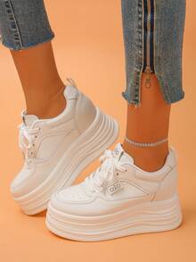 女士厚底运动鞋，纯色户外休闲系带鞋，时尚百搭白色户外增高鞋 - 白色 - 查看 5