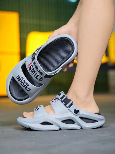 כפכפים לגברים בקיץ עם הדפס אותיות, נוחים ונעלי בית/חוף/מים, סגנון זוגי, קלים לנשימה, קלים לנשימה, שקוף, שקוף