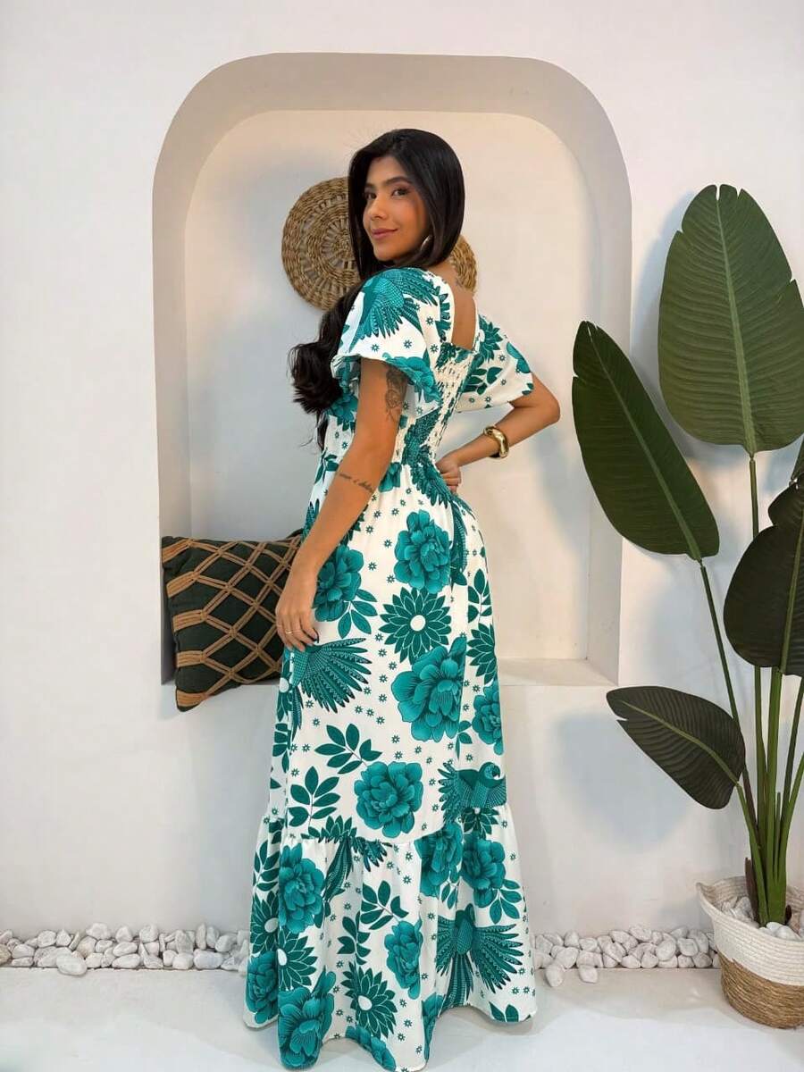 Women's Long Dress With Sleeves - 淺綠色印花 - 查看 1
