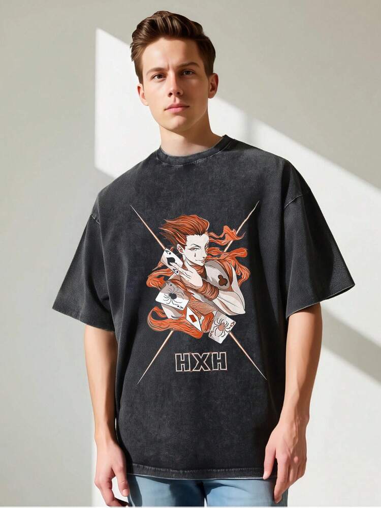 Camiseta gráfica vintage de anime para hombres - Camiseta negra oversized lavada con agua con estampado de personaje HXH, camisa casual de ajuste suelto para todas las estaciones, ropa de manga lavable a máquina, moda streetwear, material transpirable, estampado duradero, top unisex, amantes del estilo - Negro - Añade 1
