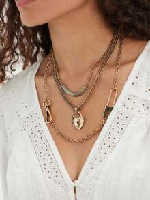 Layered Multi-Chain Heart Lock Safety Pin Necklace | Gold/Silver Tone Valentine's Day Beach Vacation Edgy Fashion Accessory - Heart Lock - View 2