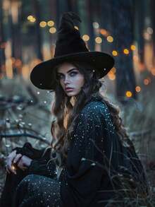 女巫帽，适合成人和青少年，万圣节礼物、圣诞节礼物、新年礼物、复活节礼物、派对礼品、新奇的万圣节、圣诞节、化装舞会、狂欢节、魔术师服装配饰 - 黑色 - 查看 6